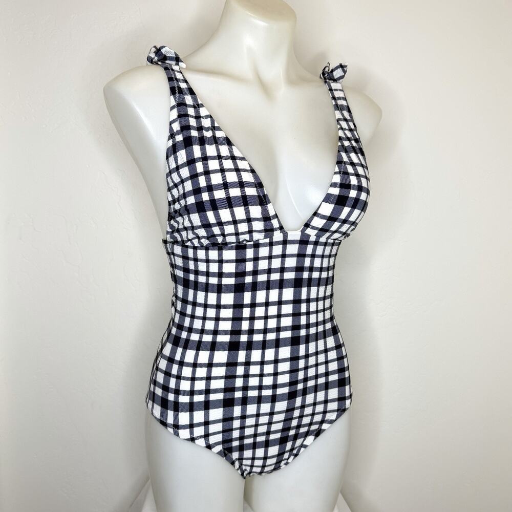 J Crew Tie Shoulder One Piece Swimsuit Womens 4 Navy Blue White Plaid V Plunge